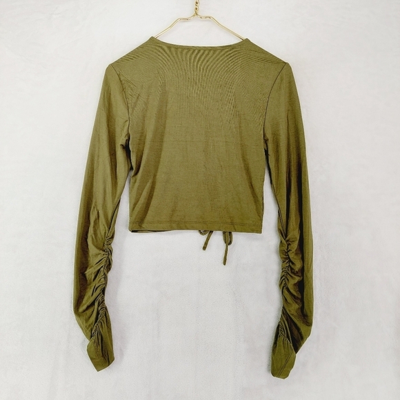 House of Harlow 1960 Green Scrunch Front Ruched Sleeve Crop Top Blouse P5015 - Picture 5 of 8